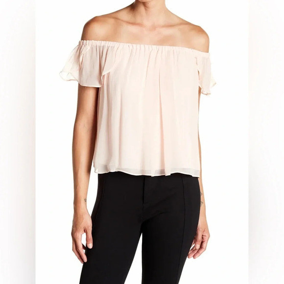 Rebecca Minkoff Chiffon Basmati Off The Shoulder Blouse in Pink Sand Size XXS - Picture 1 of 11